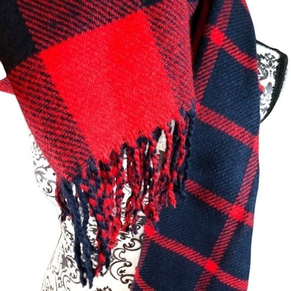 Topshop Scarf Red Blue Gingham Buffalo Check Plaid Oversized Fringe Wrap - Picture 2 of 4